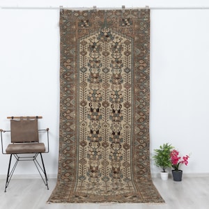 Vintage Oushak Runner Rug 4x10 | Muted Brown Beige Turquoise Turkish Carpet | Floral Tree of Life Patterned Hallway Entryway Kitchen Decor