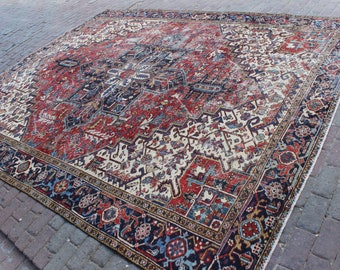 9x11 envío gratis.234er.Oushak turco, alfombra hecha a mano, vintage, antiguo, oficina en casa, para sala de estar, estampado floral de medallón, alfombra blanca roja