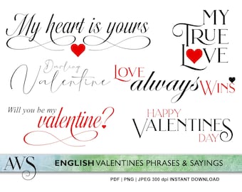 Valentine  Love Quotes Bundle for Card making -  Instant Digital Stamps in JPEG PNG format