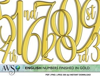 May include: Gold-colored digital illustrations of ordinal numbers: 4th, 51st, 62nd, 7th, 80, 93rd. The numbers have a 3D effect and are set against a white background. The text "ENGLISH NUMBERS FINISHED IN GOLD" is at the bottom.