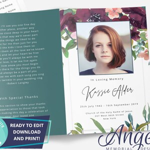 Funeral Program Template | Digital Funeral Program | Editable Funeral Program | Obituary Program Template Purple Floral | DS009
