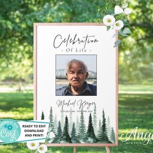 Signo de funeral / Signo de bienvenida del funeral / Signo de bienvenida del funeral imprimible / Signo de celebración de la vida / Signo de memoria funeraria Hombre del bosque