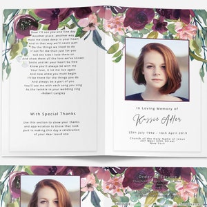 Funeral Program Template | Digital Funeral Program | Editable Funeral Program | Obituary Program Template Purple Floral | DS009