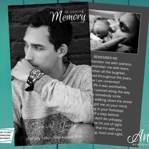 Tarjeta de oración funeraria con foto - Tarjeta de oración funeraria imprimible / Tarjeta de oración de recuerdo / Memorial 2.5x4.25 + 2x3.5'' / Para hombre
