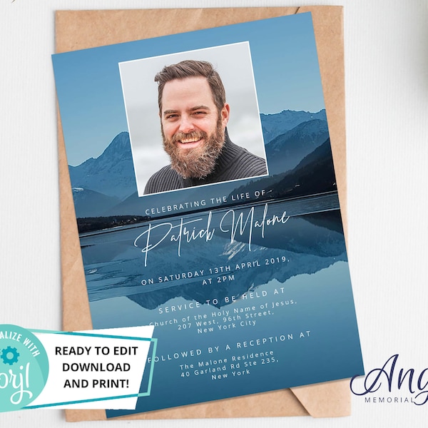 Funeral Announcement Card - Printable Funeral Invitation | Celebration of life  Invitation | Funeral Invite Card Lake Mountains for Men