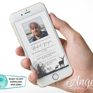 May include: A white and gray digital memorial card with a photo of a man in the top right corner. The card has a black and white silhouette of a deer and a fawn in the bottom right corner. The text on the card reads "Celebrating the life of Michael Kerger on Saturday 13th April 2019, at 2pm. Service to be held at Church of the Holy Name of Jesus, 207 West 96th Street, New York City. Followed by a reception at The Kerger Residence, 40 Garland Rd Ste 235, New York."