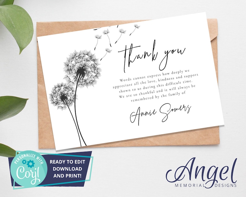 funeral thank you card 5x7 printable funeral template etsy