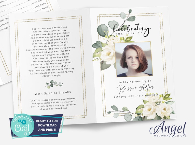 Leaf Funeral Program Template Flowers Digital Funeral Etsy