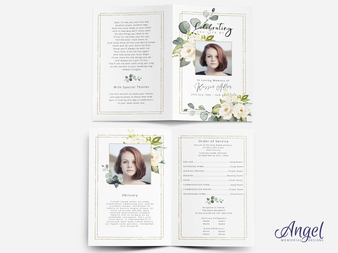 Leaf Funeral Program Template Flowers | Digital Funeral Program ...