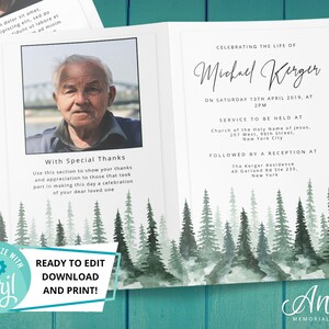 Funeral Program Template | Funeral Card Template | Editable Funeral Program | Obituary Program Template | trees forest For Man