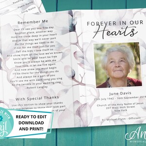 Floral Funeral Program Template | Funeral Card Template | Editable Funeral Program | Obituary Program Template