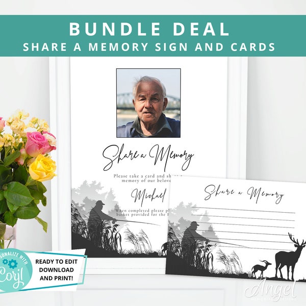 Share a Memory Funeral Sign and Card - Printable Funeral Memory Bundle | Keepsake funeral Card | Deer Fishing Funeral Memory Sign | DS005