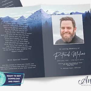 Funeral Program Template | Funeral Card Template | Editable Funeral Program | Obituary Program Template | Mountains For Men