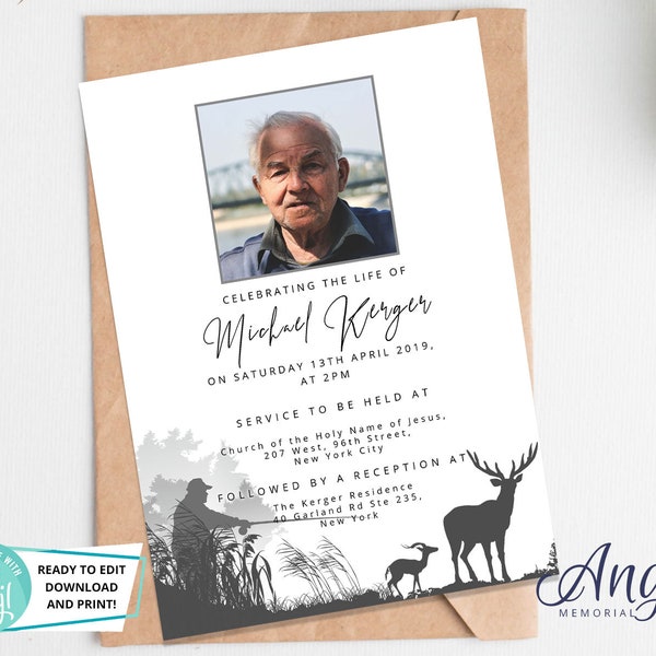 Funeral Announcement Card - Printable Funeral Invitation | Celebration of life Invitation | Funeral Invite Card Fishing Hunting Man DS005