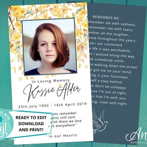 May include: A memorial card with a floral design and a photo of a young woman. The card reads "In Loving Memory Kassie Alder 25th July 1992 - 16th April 2019" and includes a poem about remembering someone who has passed away. The card also includes the text "Ready to Edit Download and Print!" and a logo for "Coril".