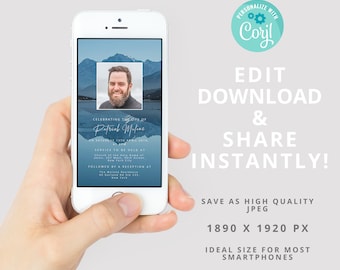 Funeral Announcement Invite - Electronic Celebration Of Life | Editable Digital Iphone Smartphone Announcement Invite Lake Mountains For Man