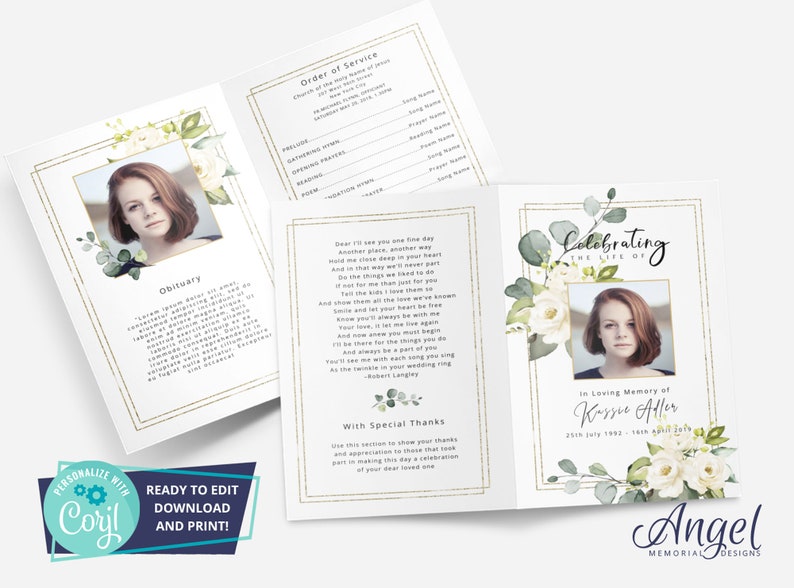 Leaf Funeral Program Template Flowers Digital Funeral Etsy