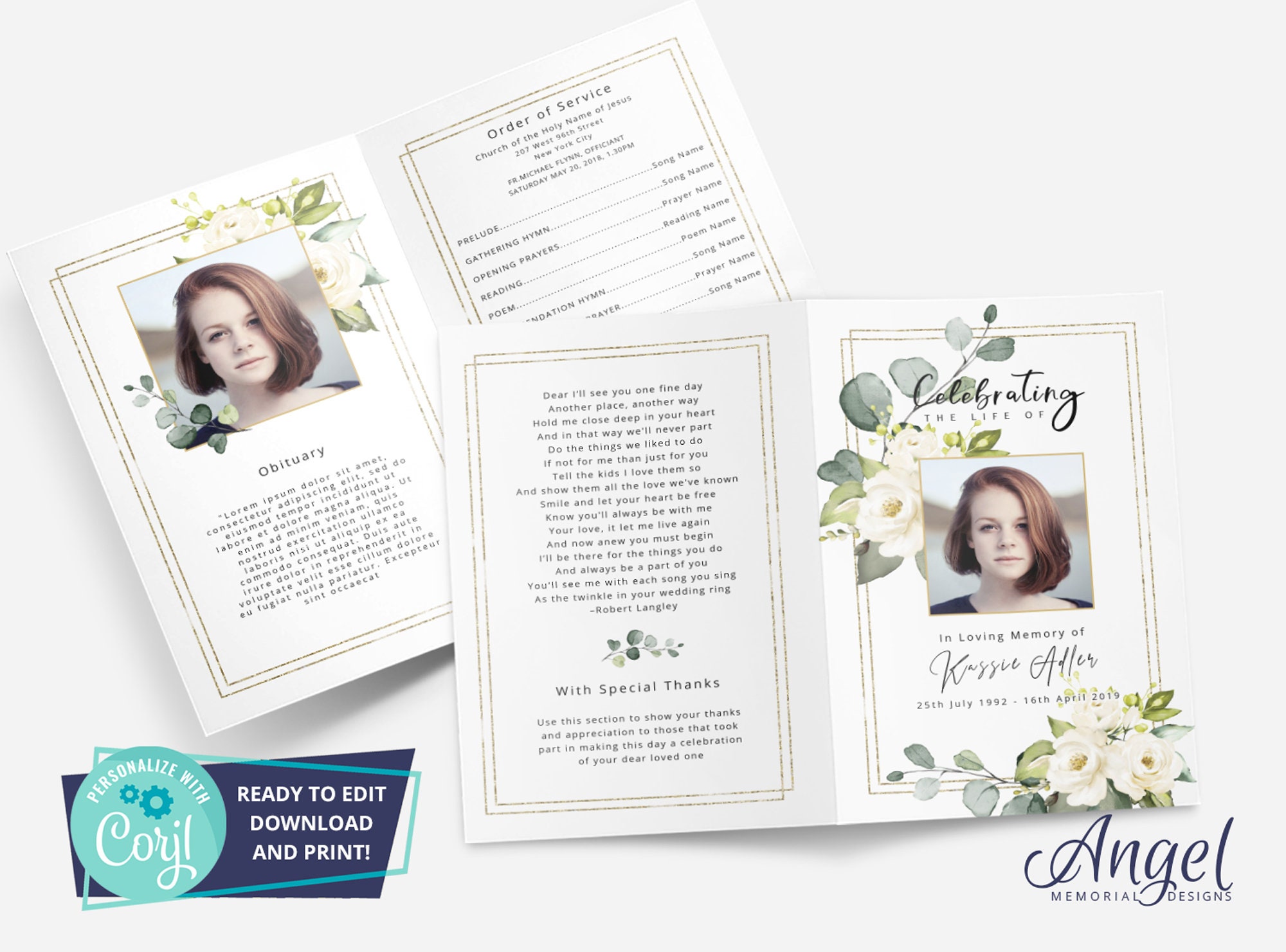 Leaf Funeral Program Template Flowers | Digital Funeral Program ...