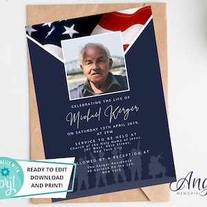 Tarjeta de anuncio de funeral - Invitación de funeral imprimible Celebración de la vida Invitación Tarjeta de invitación de funeral Hombre veterano del ejército militar DS010