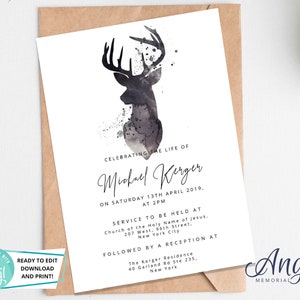 Carte d’annonce funéraire - Invitation funéraire imprimable | Célébration de la vie Invitation | Carte d'invitation funéraire Homme de chasse au cerf | DS004