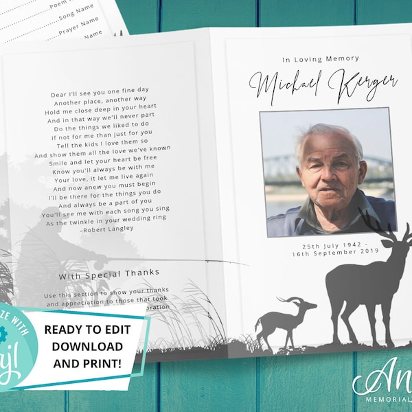 Funeral Program Template | Funeral Card Template | Editable Funeral Program | Obituary Program Template | Hunting Fishing For Man DS005