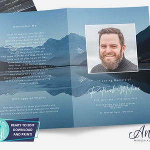 Funeral Program Template | Funeral Card Template | Editable Funeral Program | Obituary Program Template | Lake Mountains For Men