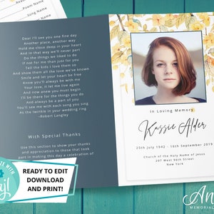 May include: A memorial card with a photo of a woman, framed by yellow floral accents. The card includes the text "In Loving Memory" and details of the deceased, along with a poem and space for thanks.