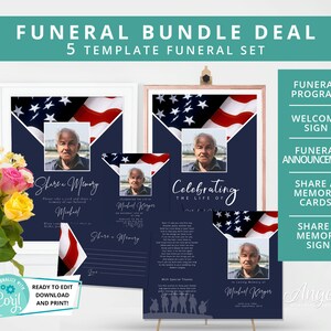 Ensemble de lot funéraire - Lot de mémoire funéraire vétéran imprimable | Programme funéraire militaire | Signe de mémoire funéraire de soldat | DS010