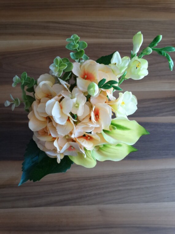 Demoiselle Dhonneur Bouquet Fleurs En Soie Calla Lily Hortensia Freesia Pêche Et Vert
