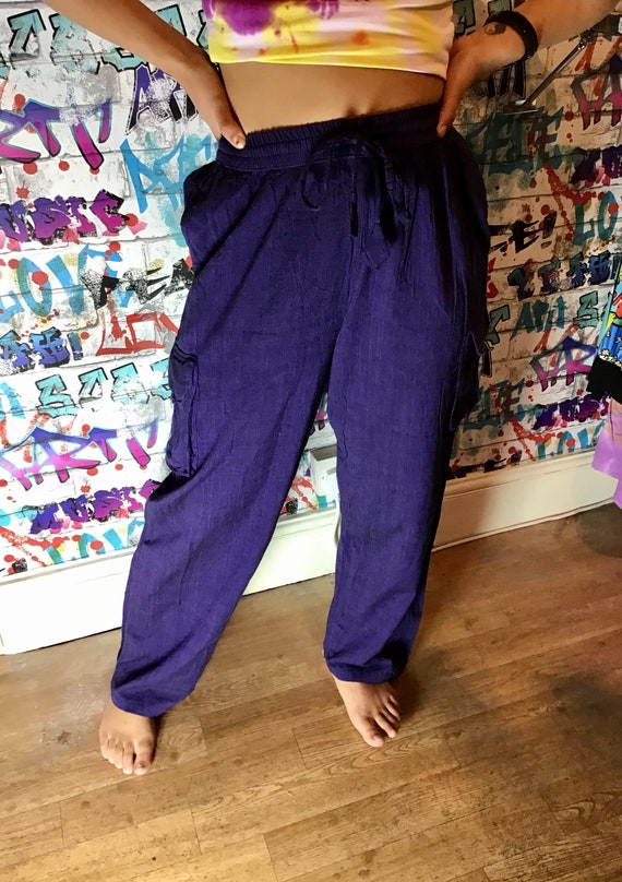 Purple Cargo Loose Jogger Style Trousers in Lightweight Crinkle
