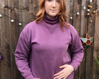 60s original to 70s sweatshirt turtleneck overdyed to create pinky purple colour as was looking a bit sad . Reworked