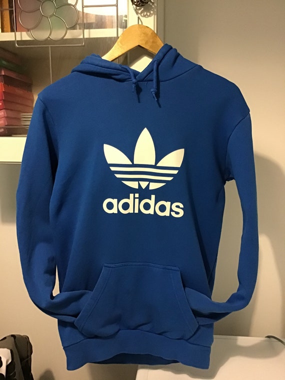 Adidas Cosy . Drawstring Etsy Hoodie Vintage Front to With and and Would Pouch Large Blue Say Large Pocket Medium and - Trefoil. Text White Neck