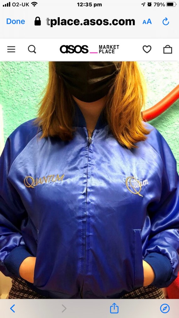 American 90s Satin Blue Baseball Style Bomber Jacket With Quantum