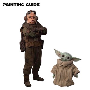 May include: A detailed image featuring two Star Wars characters. One is a humanoid figure in a brown and green outfit with goggles. The other is a small, green-skinned creature in a tan coat. The text "PAINTING GUIDE" is at the top.