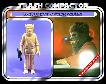 May include: Vintage "Trash Compactor" action figure featuring Lak Sivrak (Cantina Patron) Wolfman. The figure is light tan with a black weapon. The packaging includes the text "New Snap Fit Body Style" and "Ages 14 and up."