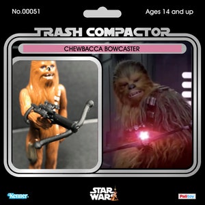 May include: Vintage action figure of Chewbacca Bowcaster from the Star Wars franchise. The figure is brown with a black bowcaster. The packaging includes the text "Trash Compactor" and "Ages 14 and up."