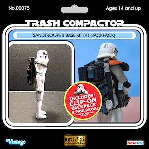May include: A vintage-style action figure package featuring a Sandtrooper Base Kit. The package includes a white and black Sandtrooper figure with a backpack and pauldron. The text reads "TRASH COMPACTOR" and "SANDTROOPER BASE KIT (V1 BACKPACK)". Ages 14 and up.