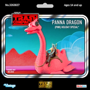 May include: A pink Panna Dragon toy figure with a rider, packaged in a vintage-style box. The box features the text "PANNA DRAGON (PINK) HOLIDAY SPECIAL*" and "TRASH COMPACTOR". The toy is recommended for ages 14 and up.