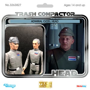 May include: Vintage "Trash Compactor" Admiral Ozzel Head action figure. The packaging features a photo of the character and two action figures. The figure is gray with a black belt and a cap. The packaging also includes the text "Ages 14 and up."
