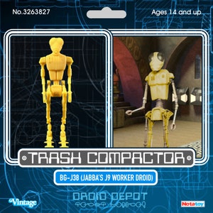 May include: A vintage action figure package featuring a yellow droid. The package includes the text "TRASH COMPACTOR" and "BG-J38 (JABBA'S J9 WORKER DROID)". The package also includes the text "DROID DEPOT" and "Vintage". The figure is for ages 14 and up.