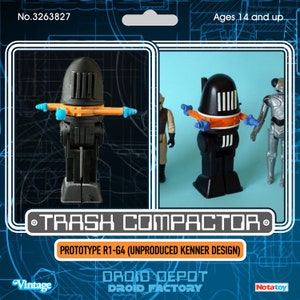 May include: A black and orange R1-G4 droid action figure with a rounded head, vertical vents, and blue accents. The figure is labeled as a Trash Compactor prototype, an unproduced Kenner design from the Droid Depot Droid Factory collection.