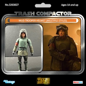 May include: Vintage "Trash Compactor" action figure packaging featuring a Mud Trooper helmet. The packaging includes a photo of the action figure and a movie still of a person wearing the helmet. The text reads "Mud Trooper Helmet (Multiple Styles)".