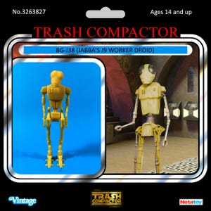May include: Vintage action figure of a yellow BG-J38 (Jabba's J9 Worker Droid) from the Trash Compactor series. The packaging features the text "TRASH COMPACTOR" and "BG-J38 (JABBA'S J9 WORKER DROID)". Suitable for ages 14 and up.