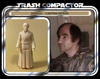 May include: Vintage "Trash Compactor" action figure featuring Debnoli, a Cantina Patron. The figure is light beige and comes in a retro-style package. The package includes a photo of the character and the text "Ages 14 and up."