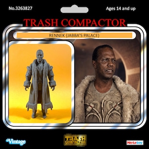 Puede incluir: Figura de acción vintage de RENNEK (JABBA'S PALACE) de la serie TRASH COMPACTOR. La figura es gris y presenta un abrigo largo con ribete de piel. El embalaje incluye el texto "Ages 14 and up" y "Vintage".