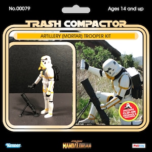 May include: A vintage-style action figure package for a Star Wars Artillery (Mortar) Trooper Kit. The package features two images of the figure in a white and yellow uniform, with a mortar. The package includes a clip-on backpack and pauldron.