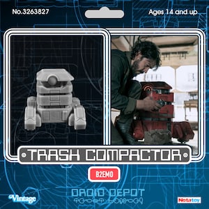 May include: A vintage-style toy package featuring a gray Trash Compactor droid toy and a red droid with a person. The package includes the text "TRASH COMPACTOR" and "B2EMO". The package is labeled "Ages 14 and up".