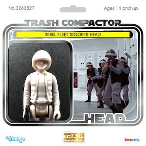 Puede incluir: Paquete de juguetes "Trash Compactor" vintage con una figura de acción Rebel Fleet Trooper Head. La figura es de color gris claro, con casco y bláster. El paquete incluye una foto de Rebel Fleet Troopers. Edades 14 años en adelante.