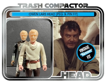 May include: Vintage action figure card featuring an Owen Lars head. The card includes a photo of the character and a figure. The text on the card reads "TRASH COMPACTOR" and "OWEN LARS HEAD (PEG & PIN FIT)". The card is labelled "Vintage Kenner Fit".