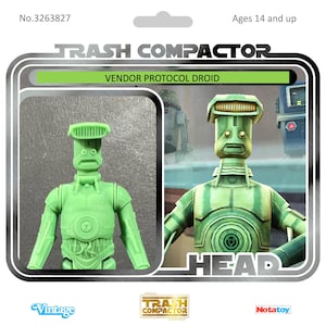 May include: A green Vendor Protocol Droid action figure from the "Trash Compactor" series. The figure is on a vintage-style card with the text "HEAD". The packaging includes the text "Ages 14 and up" and "Vintage".